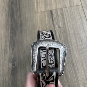 Jose Luis Black Genuine Leather Tooled Western Belt SIZE 36 silver buckle